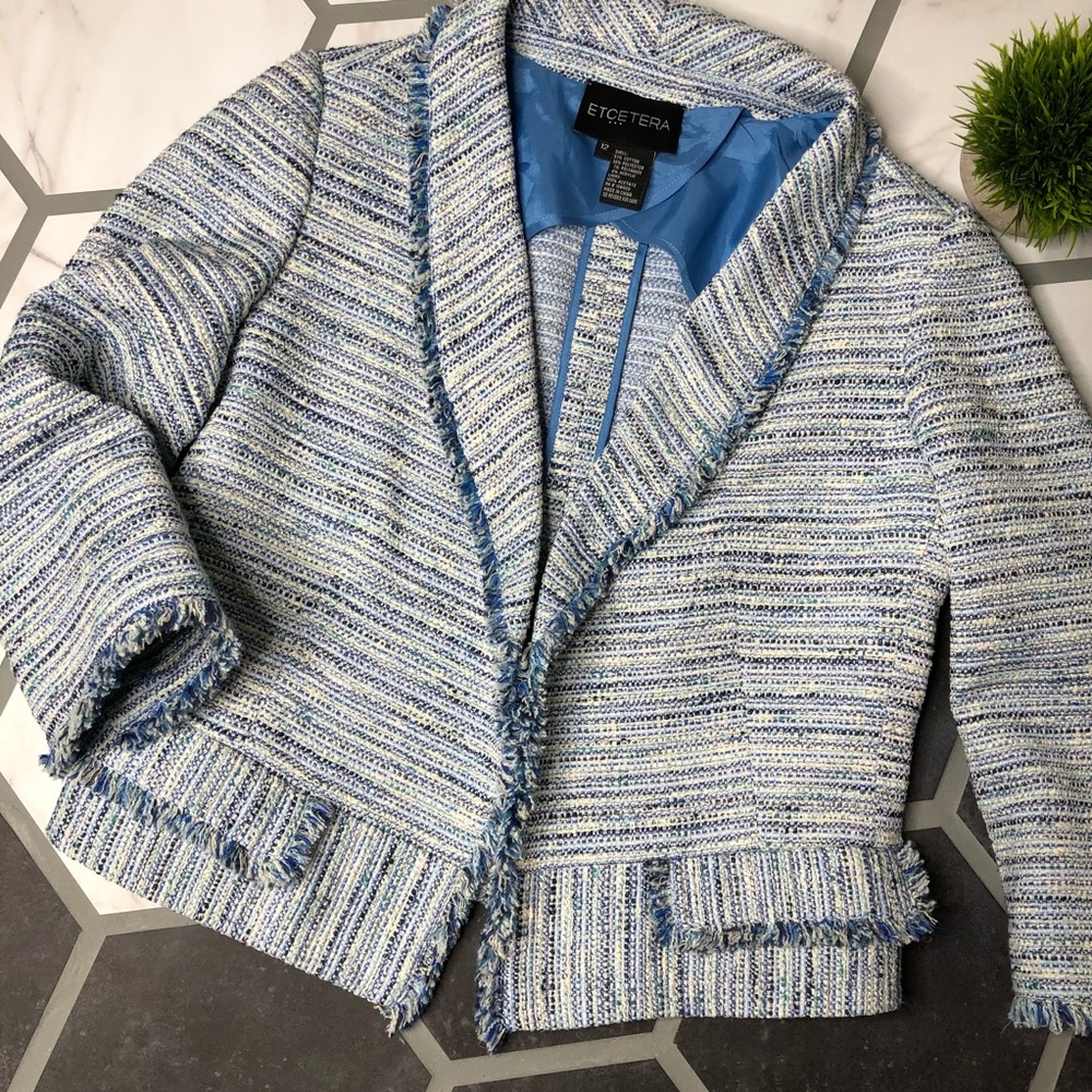 Etcetera tweed blazer with fringe detail.